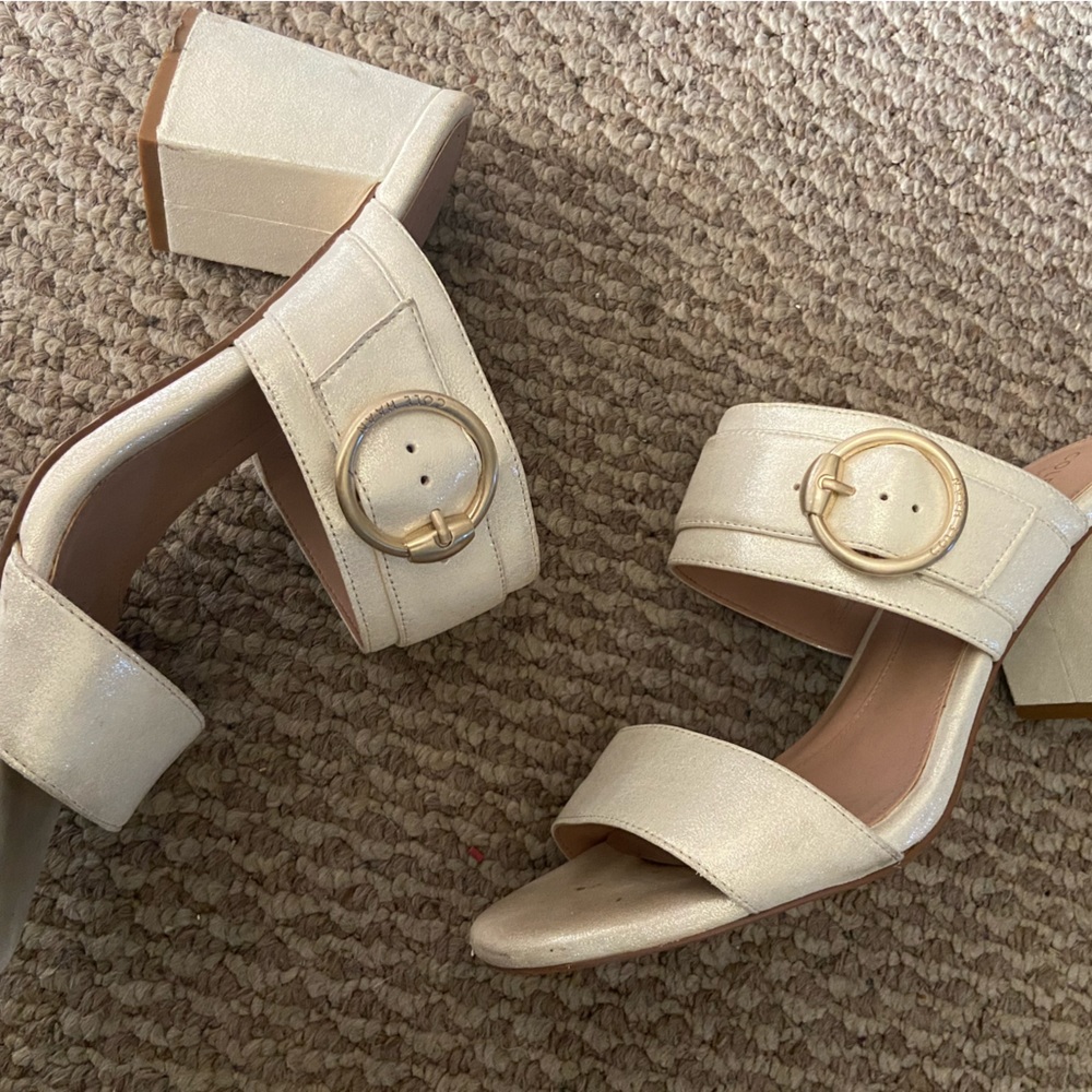 Iridescent whit block heels